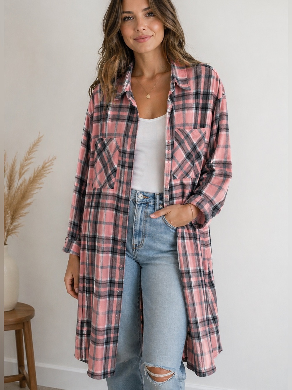 Sans Souci Pink and Black Plaid Dress/Duster